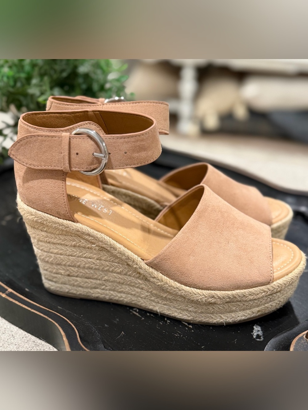 Nine West Tan Suede Espadrille Platform Wedge Sandals with Ankle Buckle